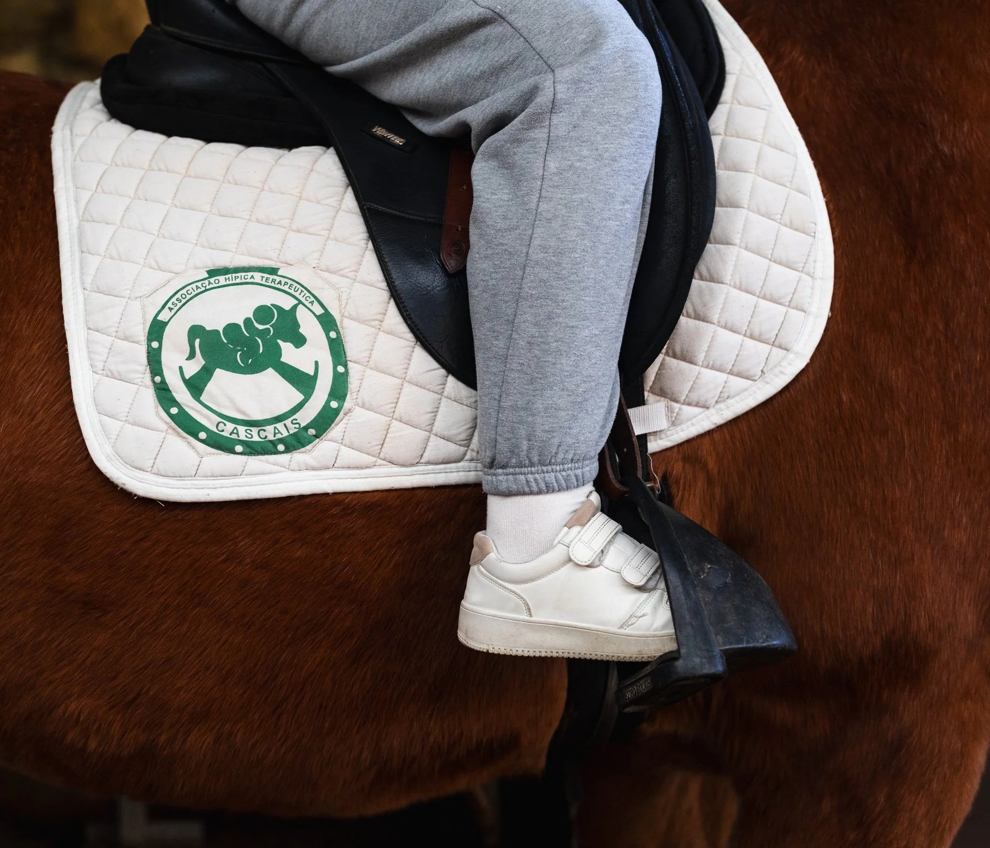 A person wearing gray sweatpants, a gray sweatshirt, and white sneakers riding a brown horse with a white saddle pad that has a green logo.