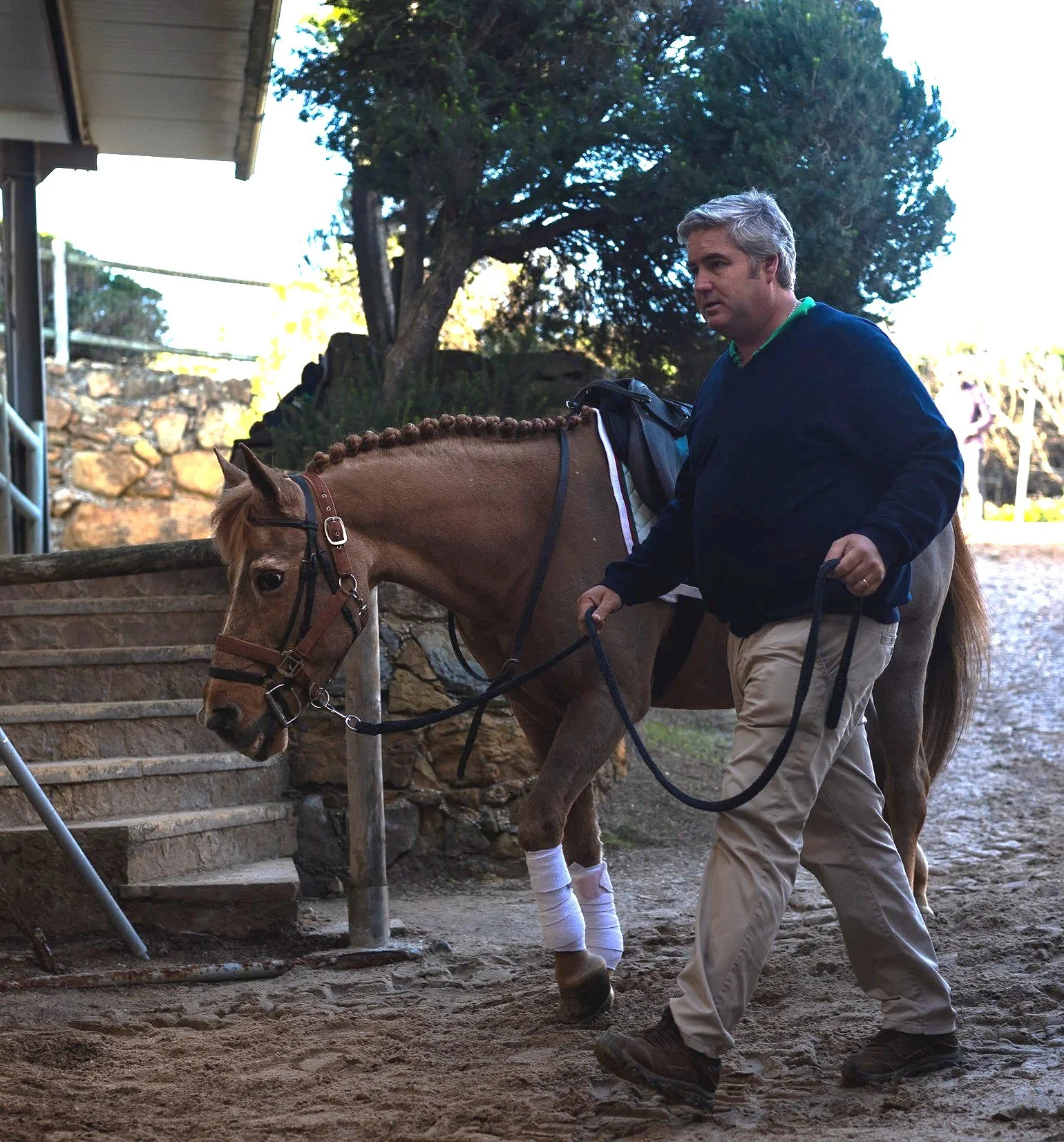 A man leading a horse down a set of stone steps outdoors, with trees and a stone wall in the background.