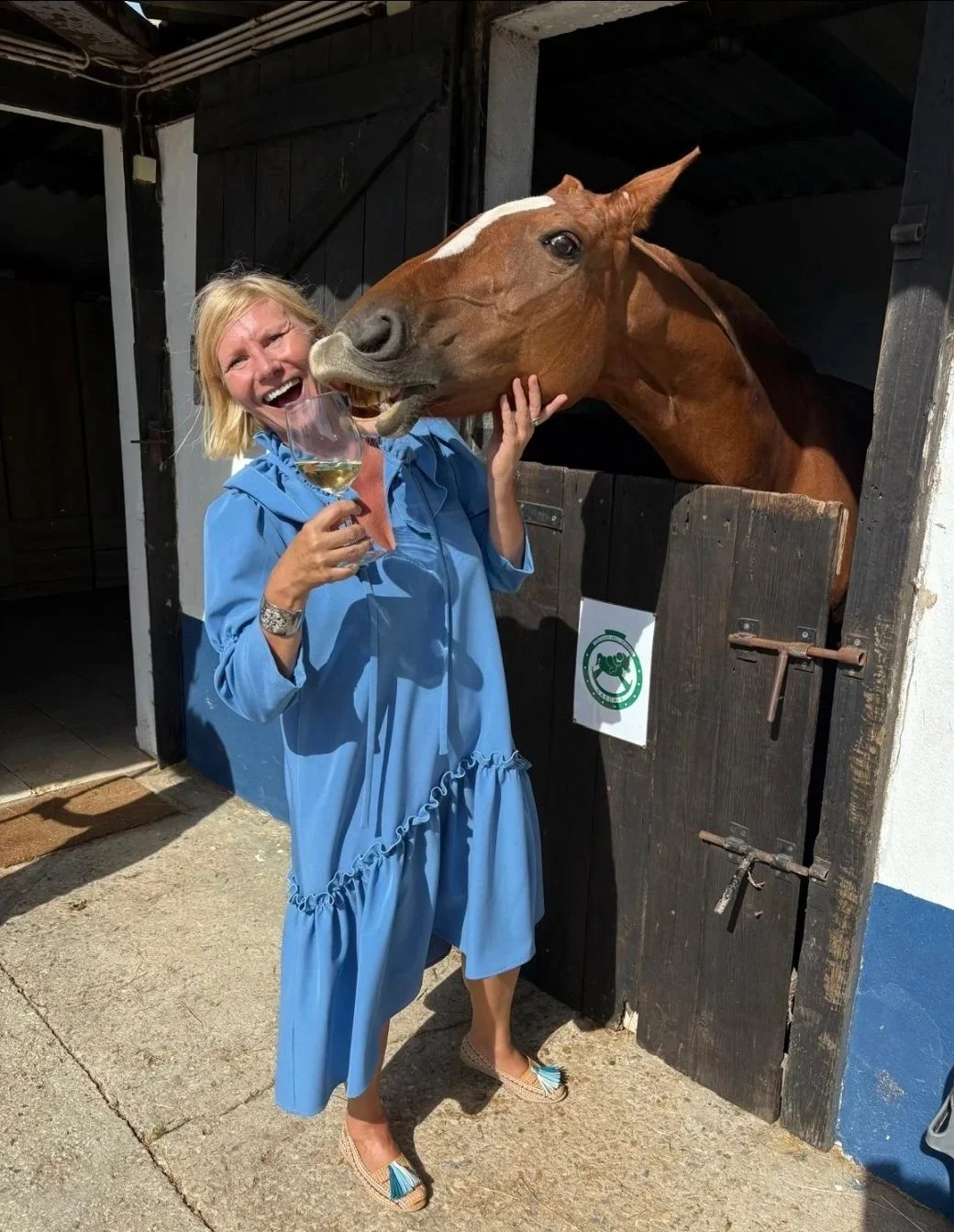 A woman with blonde hair wearing a blue dress and holding a glass of white wine is playfully pulling away as a horse tries to lick her face outside a stable.