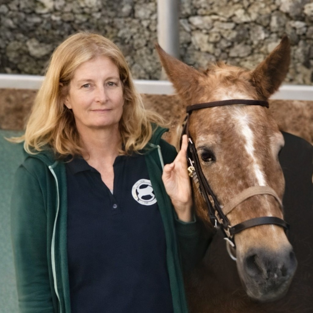 A woman with blonde hair standing next to a brown horse with a white blaze on its face.