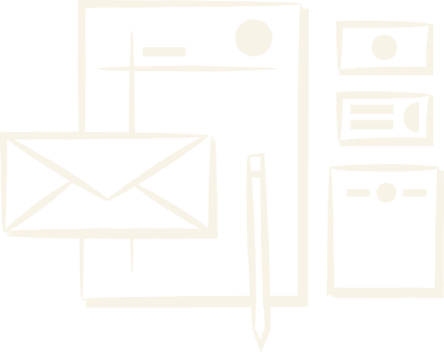 Hand-drawn sketch of various stationery items including an envelope, pen, paper, and notebooks.