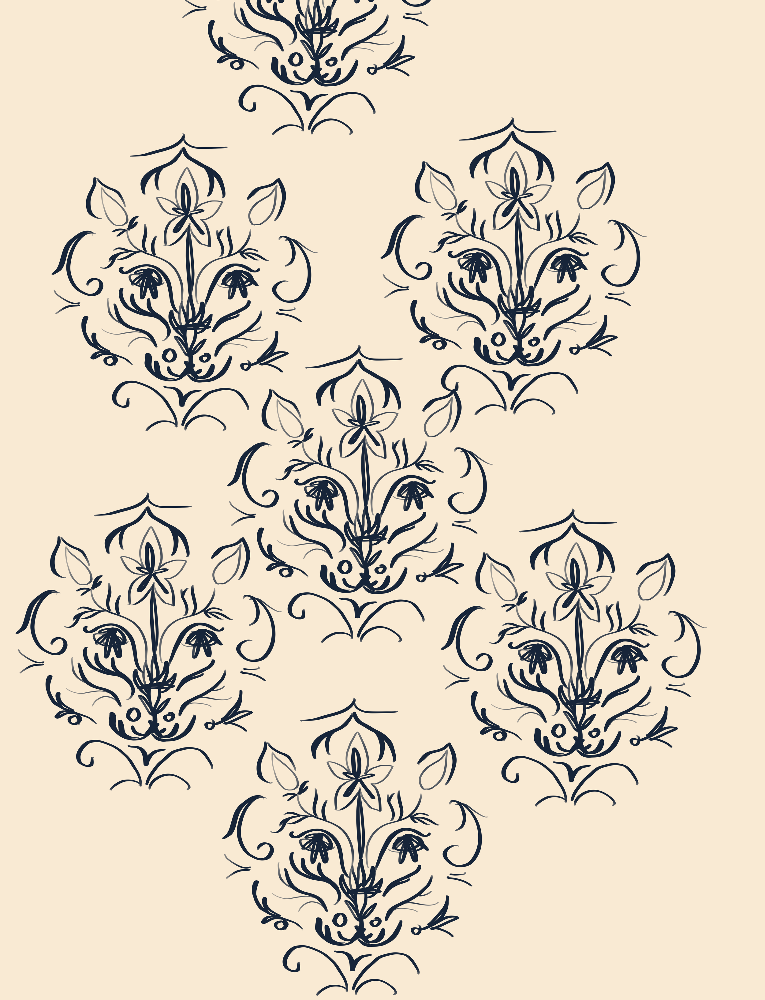 A repeating pattern of intricate black floral designs on a light beige background.