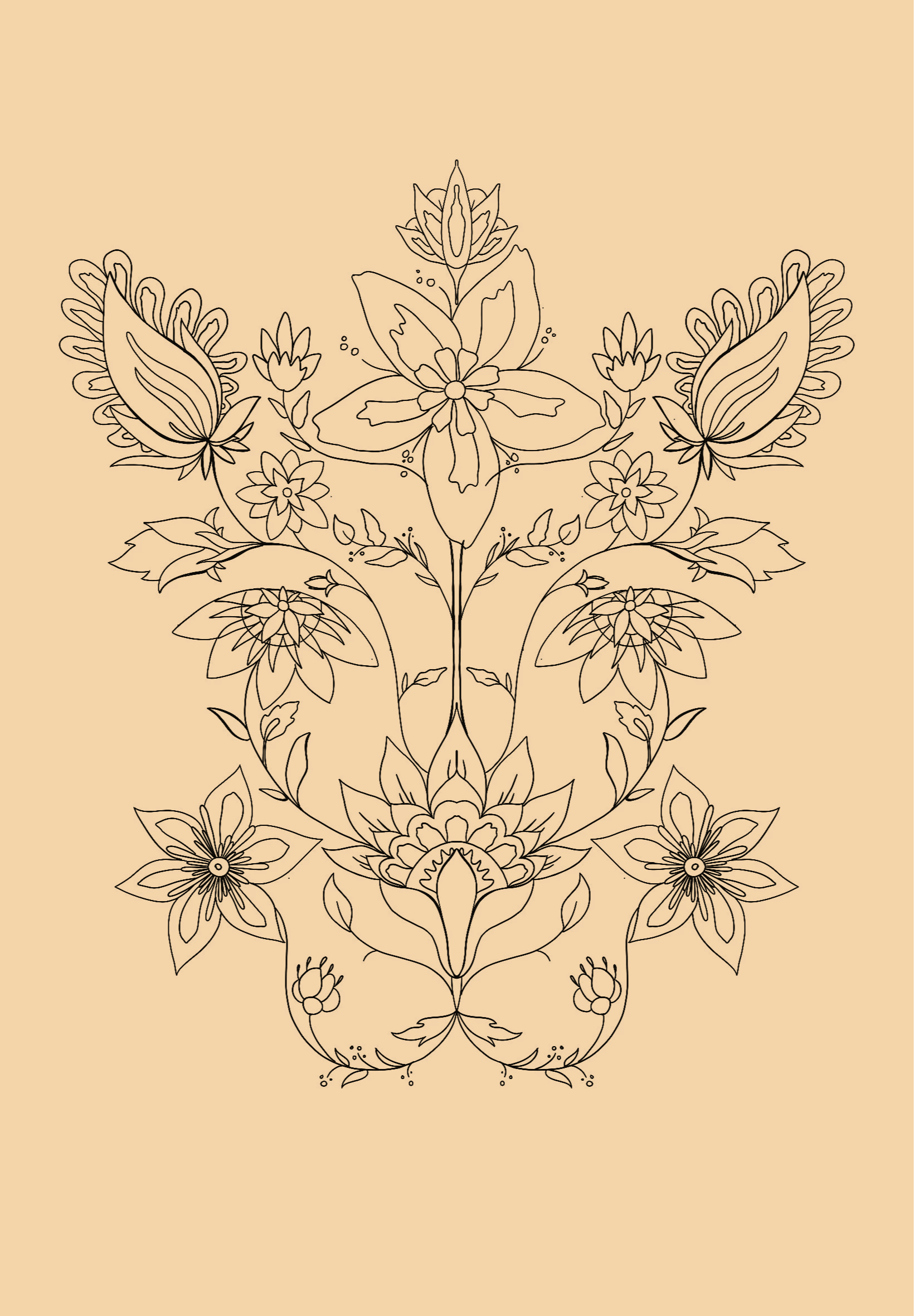 Line art illustration of symmetrical floral patterns with butterflies on a beige background.
