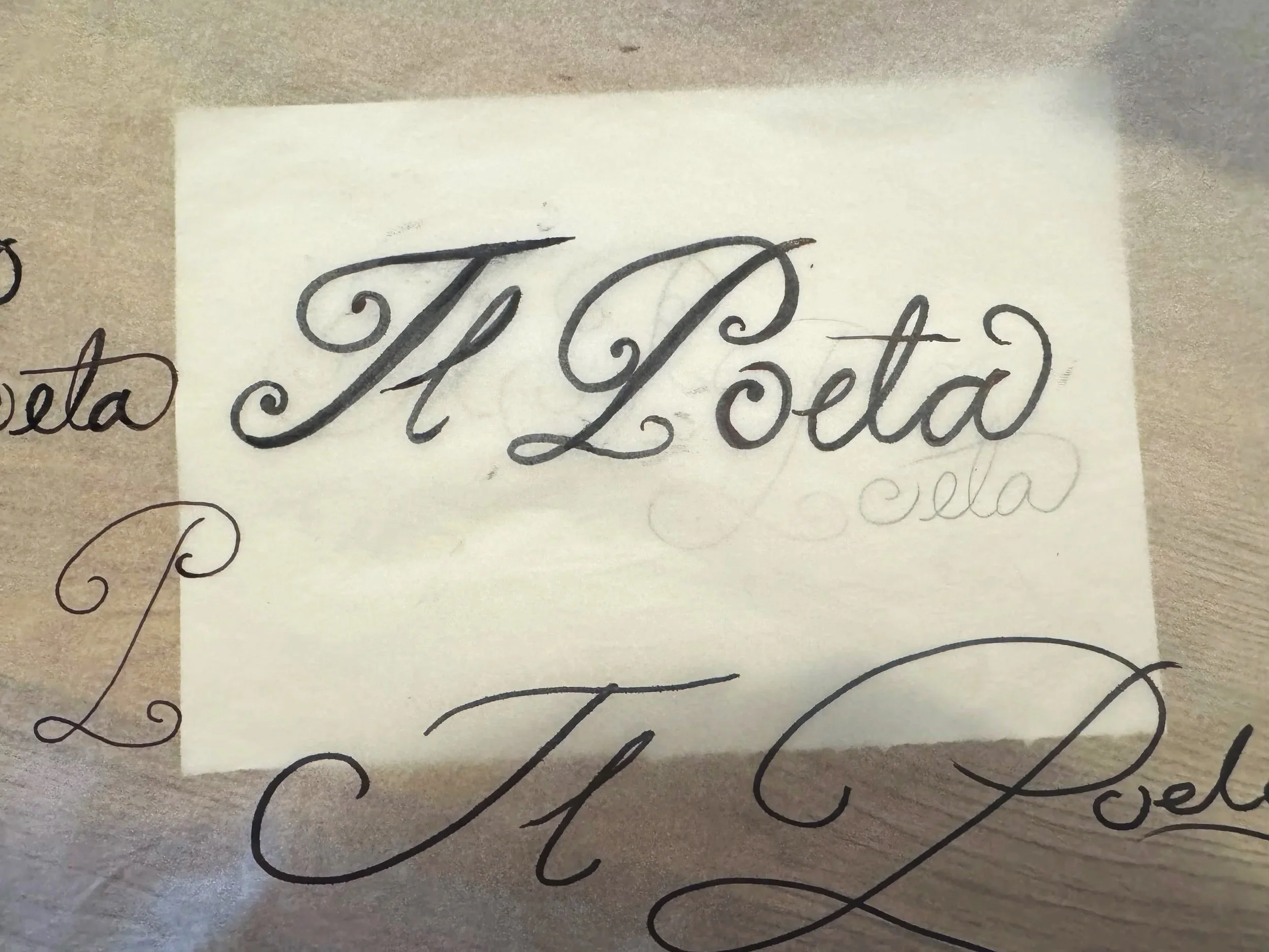 Close-up of a handwritten calligraphy word,