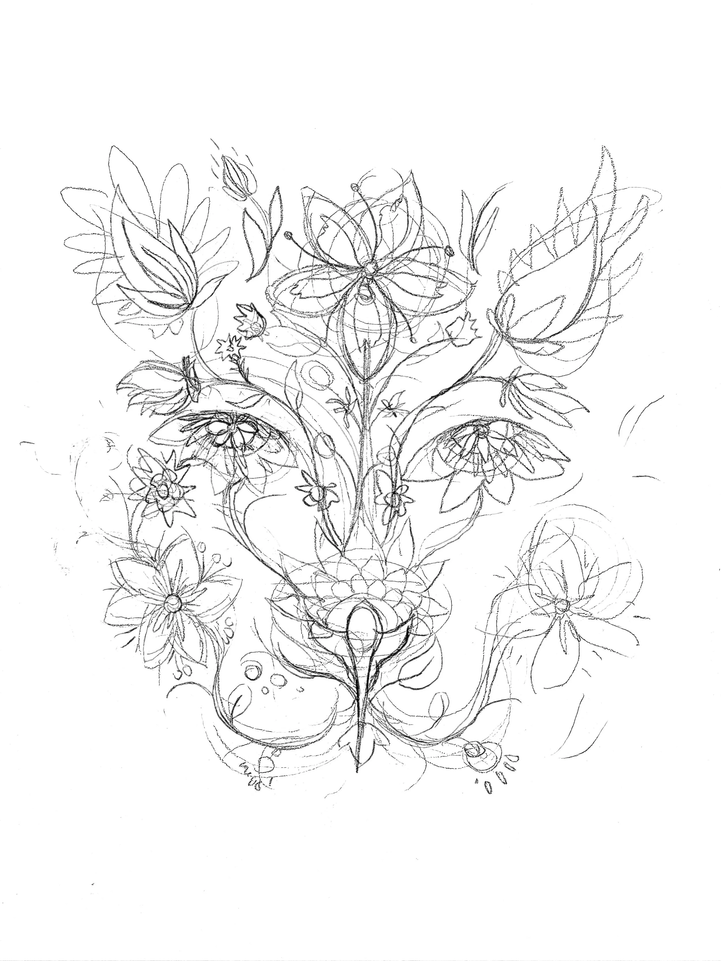Sketch of a potted plant with flowers, leaves, and a butterfly in the center.