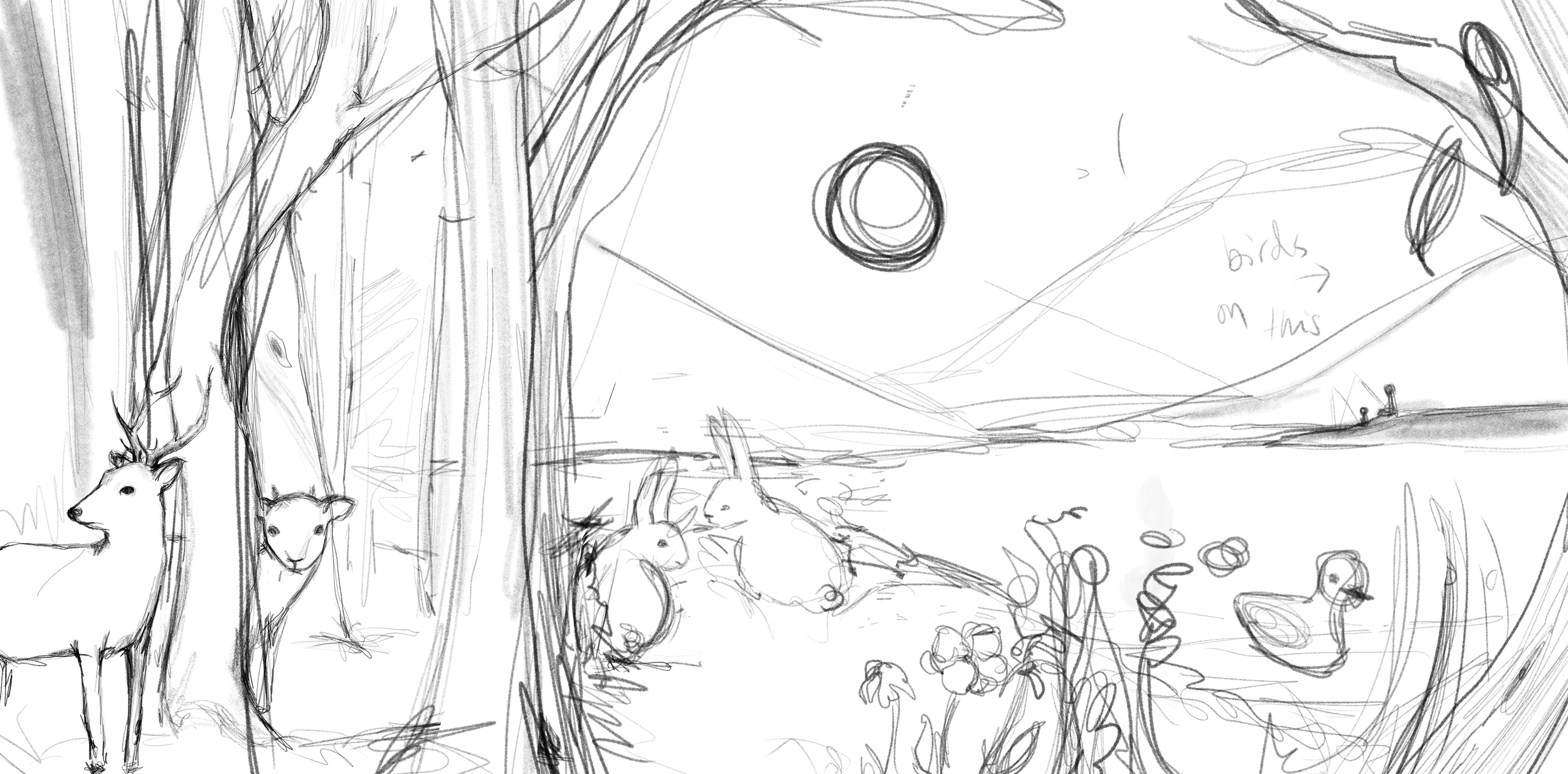 A pencil sketch of a forest scene with three deer among trees on the left, a lake or pond with waterfowl in the foreground, and a large moon in the sky to the right. There is a note on the right side indicating "birds on this".