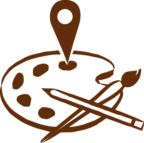 An artist's palette with paint blobs, a paintbrush, and a paintbrush with a paint spatula, and a location pin above the palette.
