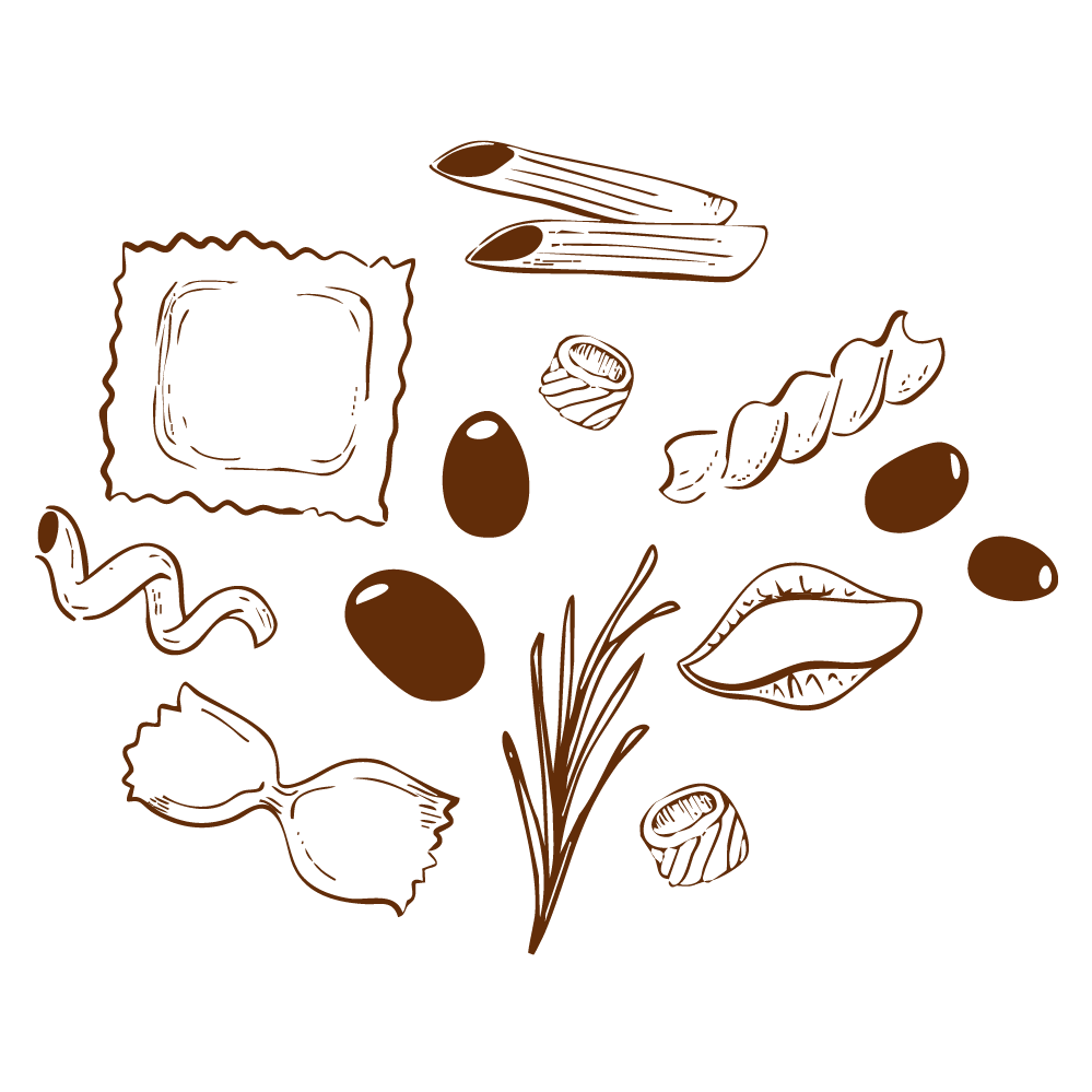 Illustration of various pasta types including spaghetti, macaroni, farfalle, and penne, along with herbs and olives.