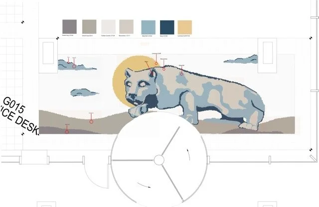 A mural of a sleeping lion on a wall with paint color swatches above it, clouds, and a city skyline in the background.