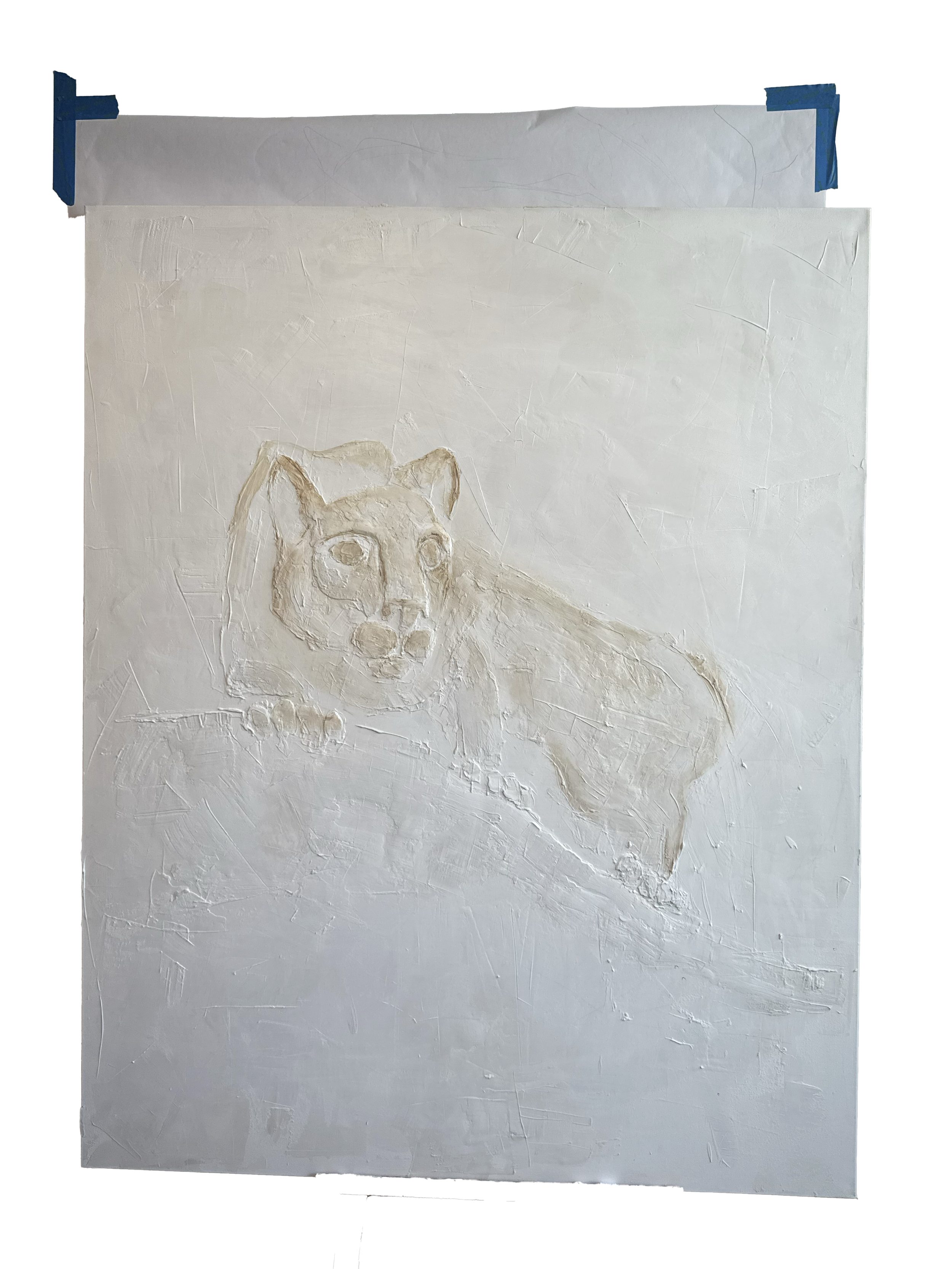 A sketch of a dog on a white textured background with some lines and scratches.