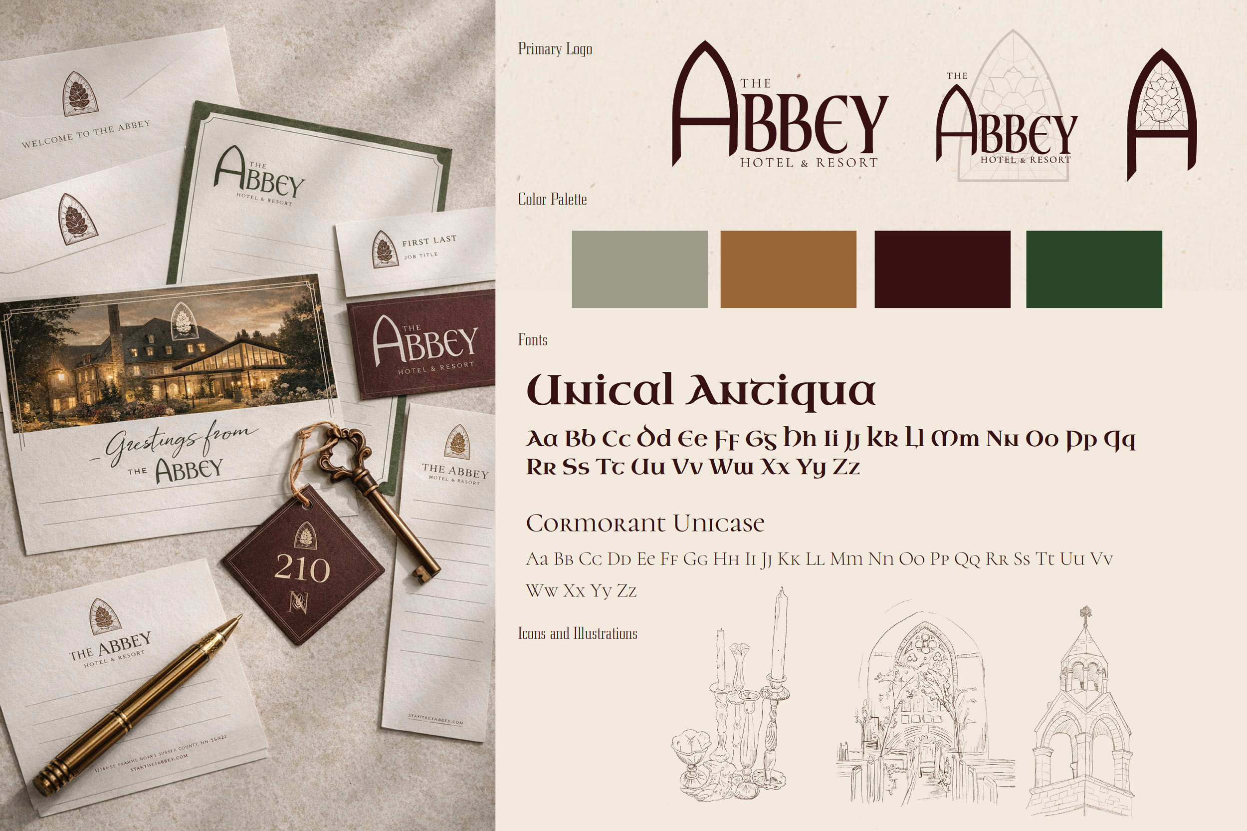 Design mockup for The Abbey Hotel & Resort including logo variations, color palette, fonts, and sample stationery with a building exterior image, and sketches of interior details.