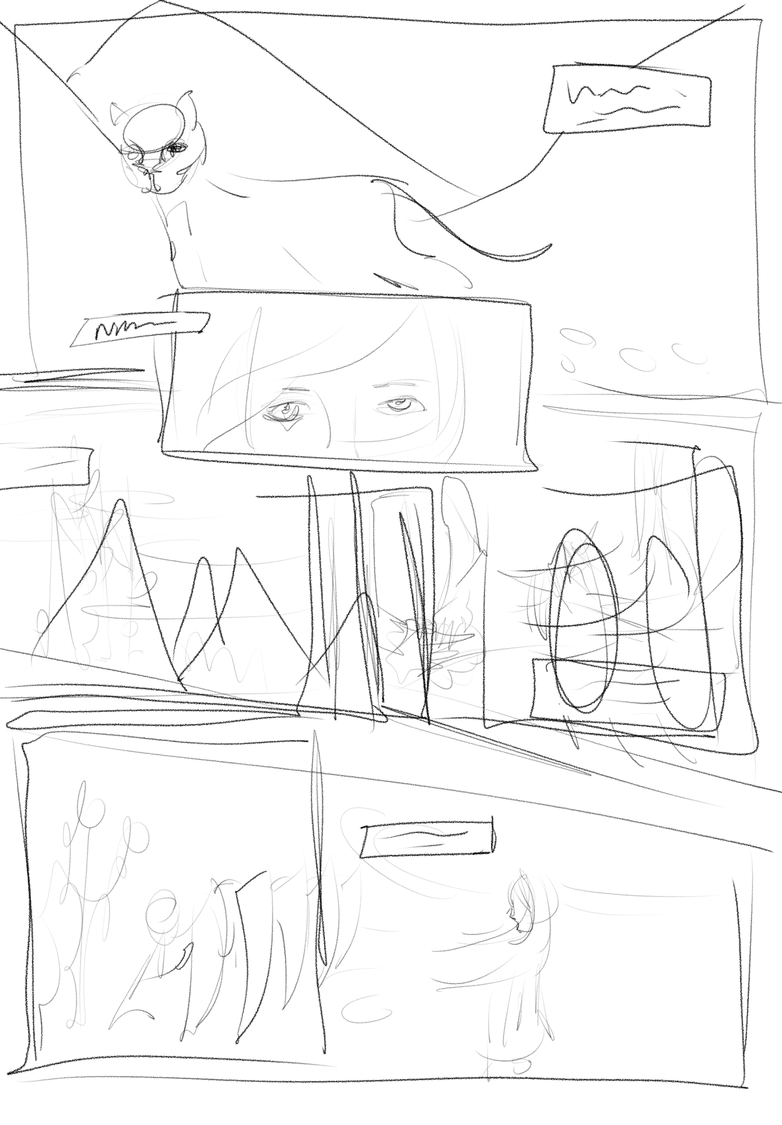 A rough sketch of a room with a large picture window, two cats, a TV with eyes on the screen, a desk, and some plants.