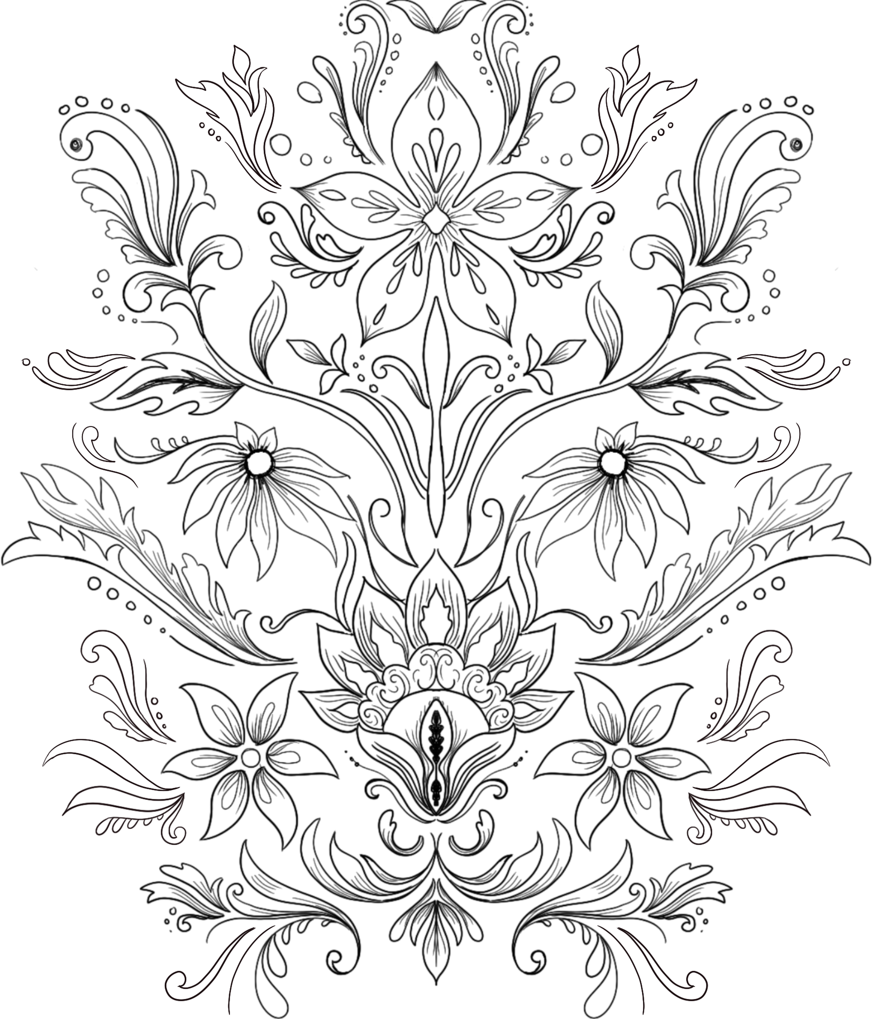 Black and white intricate floral and leaf pattern design with symmetrical elements.