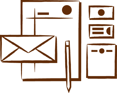 Sketch of a workspace with an envelope, writing tools, and electronic devices.