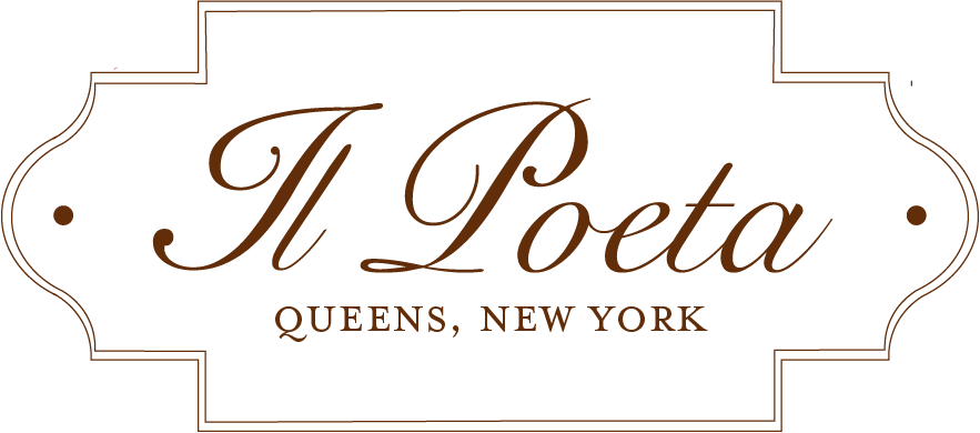 Elegant black sign with brown cursive text that says 'Il Poeta' and smaller text below stating 'Queens, New York'.