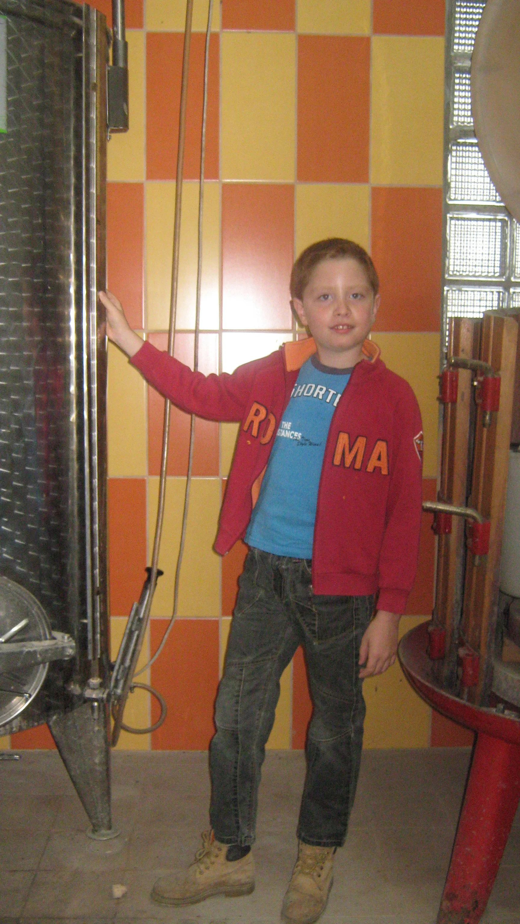 Ragazzo con maglietta azzurra e felpa rossa, in piedi vicino a macchinari industriali in un ambiente con pareti rivestite di piastrelle arancioni e gialle.