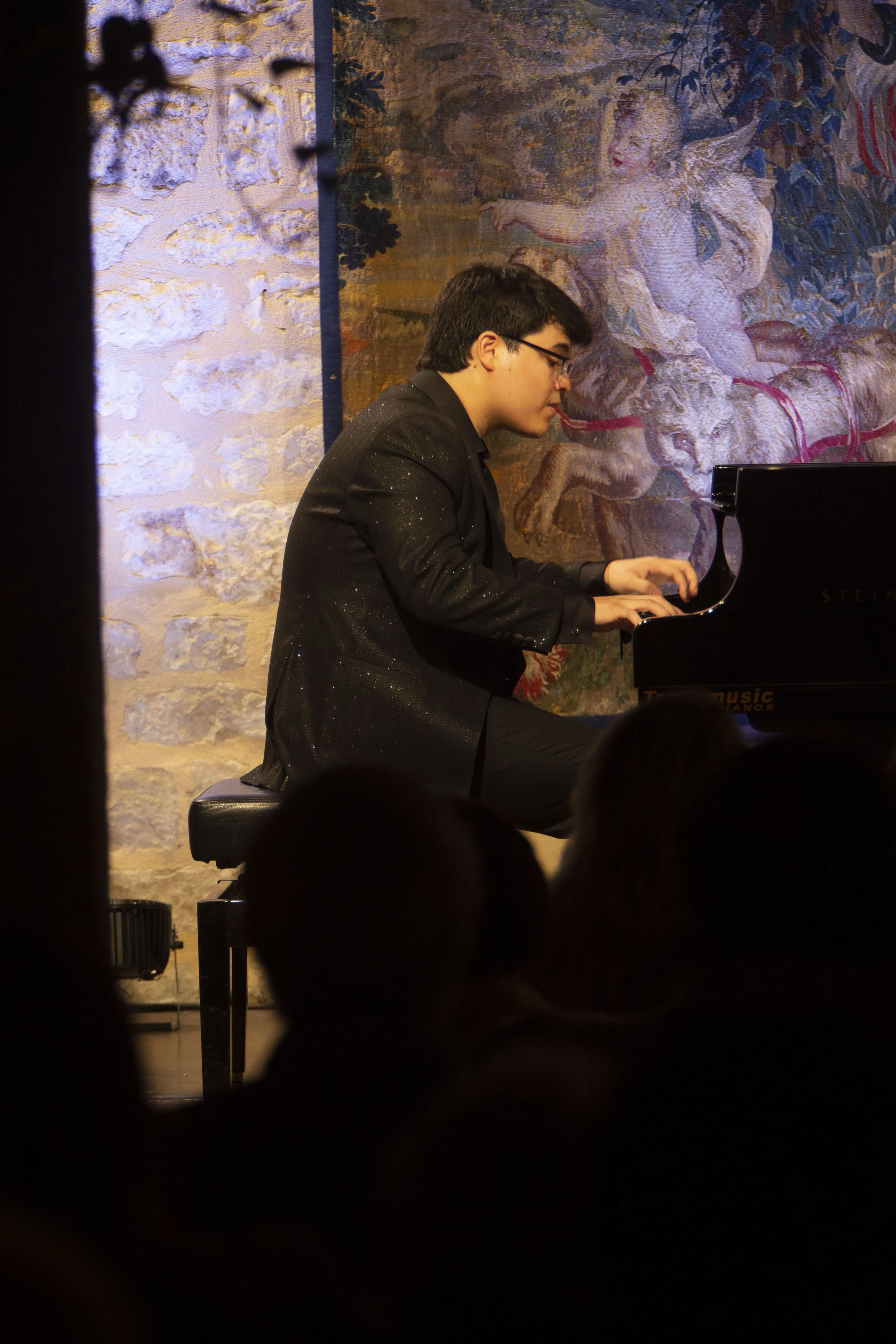 A young man playing a grand piano during a performance, with a stone wall and a tapestry depicting a mythological scene in the background, and an audience in the foreground.