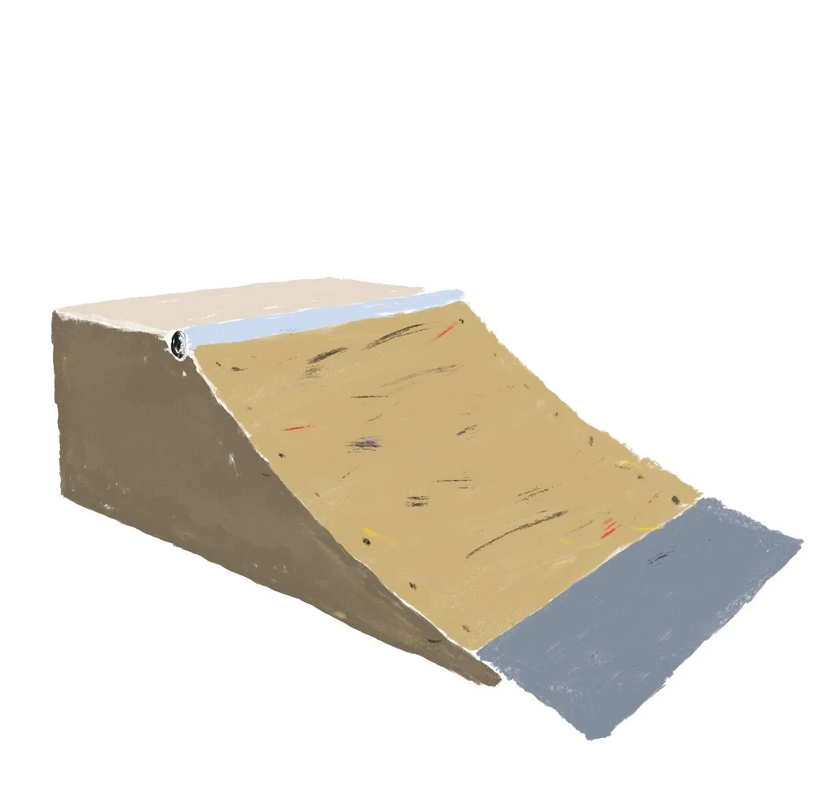 A skateboarding ramp with a wooden surface and gray sides, viewed from an angle.