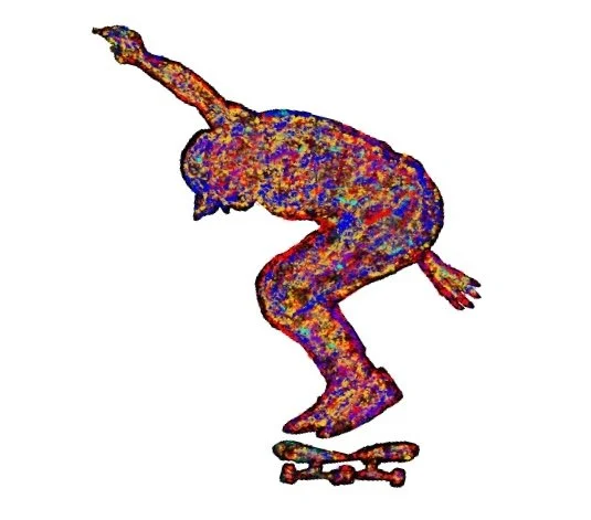 Colorful thermal image of a person skateboarding with one arm raised and knees bent.