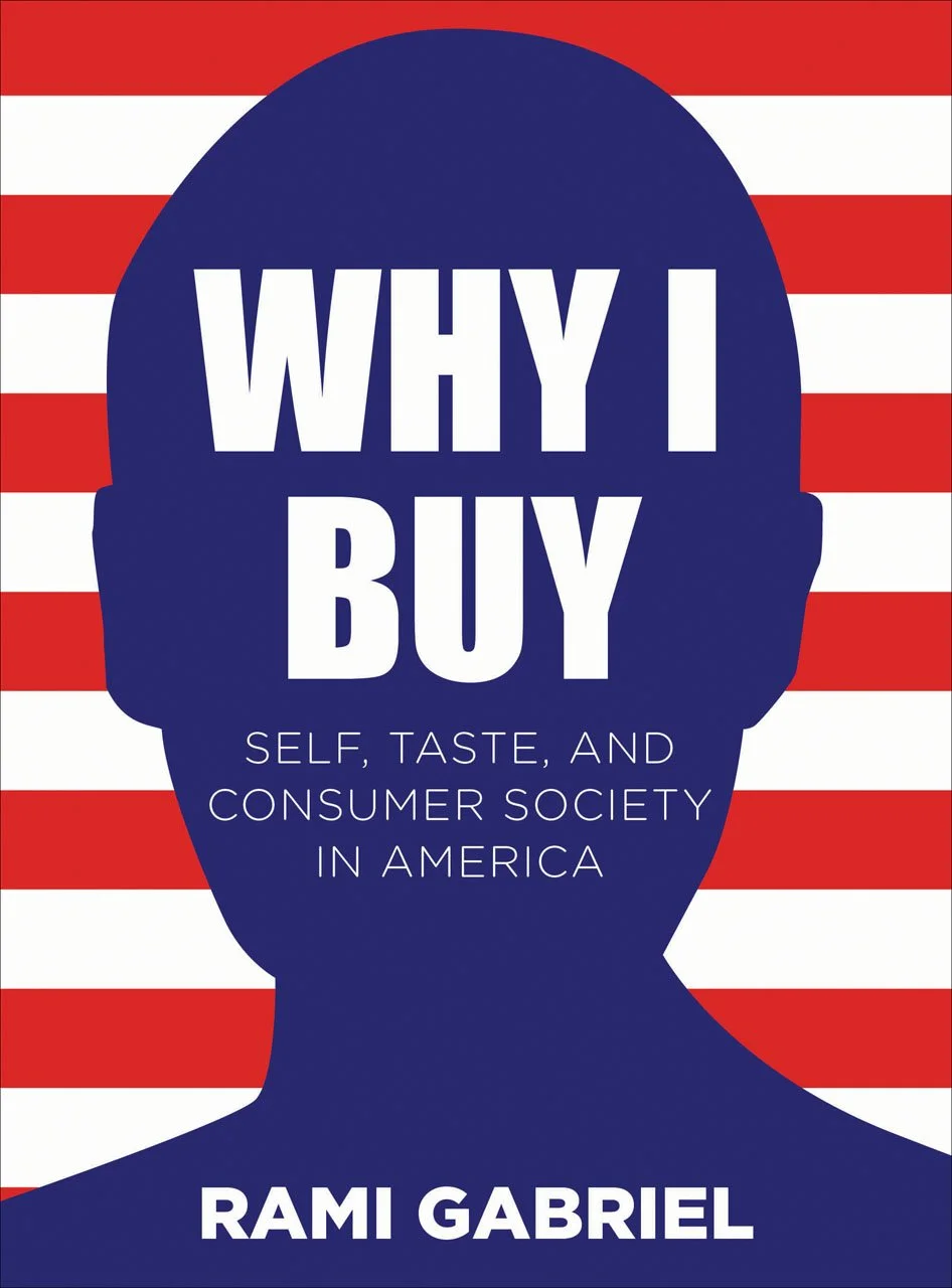 Book cover for 'Why I Buy' by Rami Gabriel, (Intellect, 2013) with a blue silhouette of a head against a background of red and white horizontal stripes.