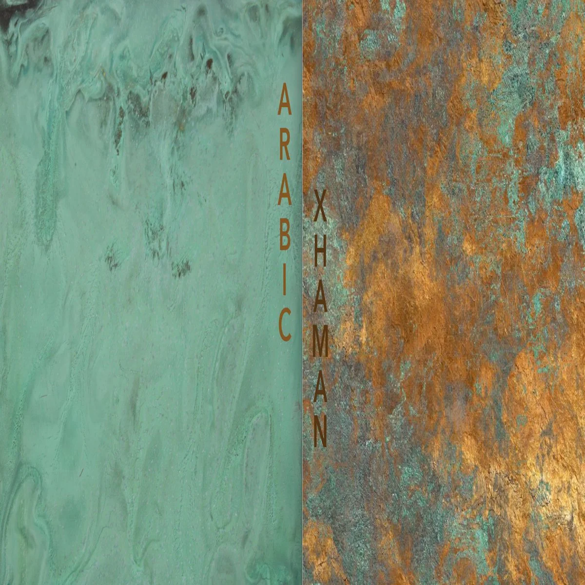 Album cover for 'Arabic Xhaman' by Rami Gabriel (2019). Image of bifurcated patinated bronze, one half is a very bright patina.