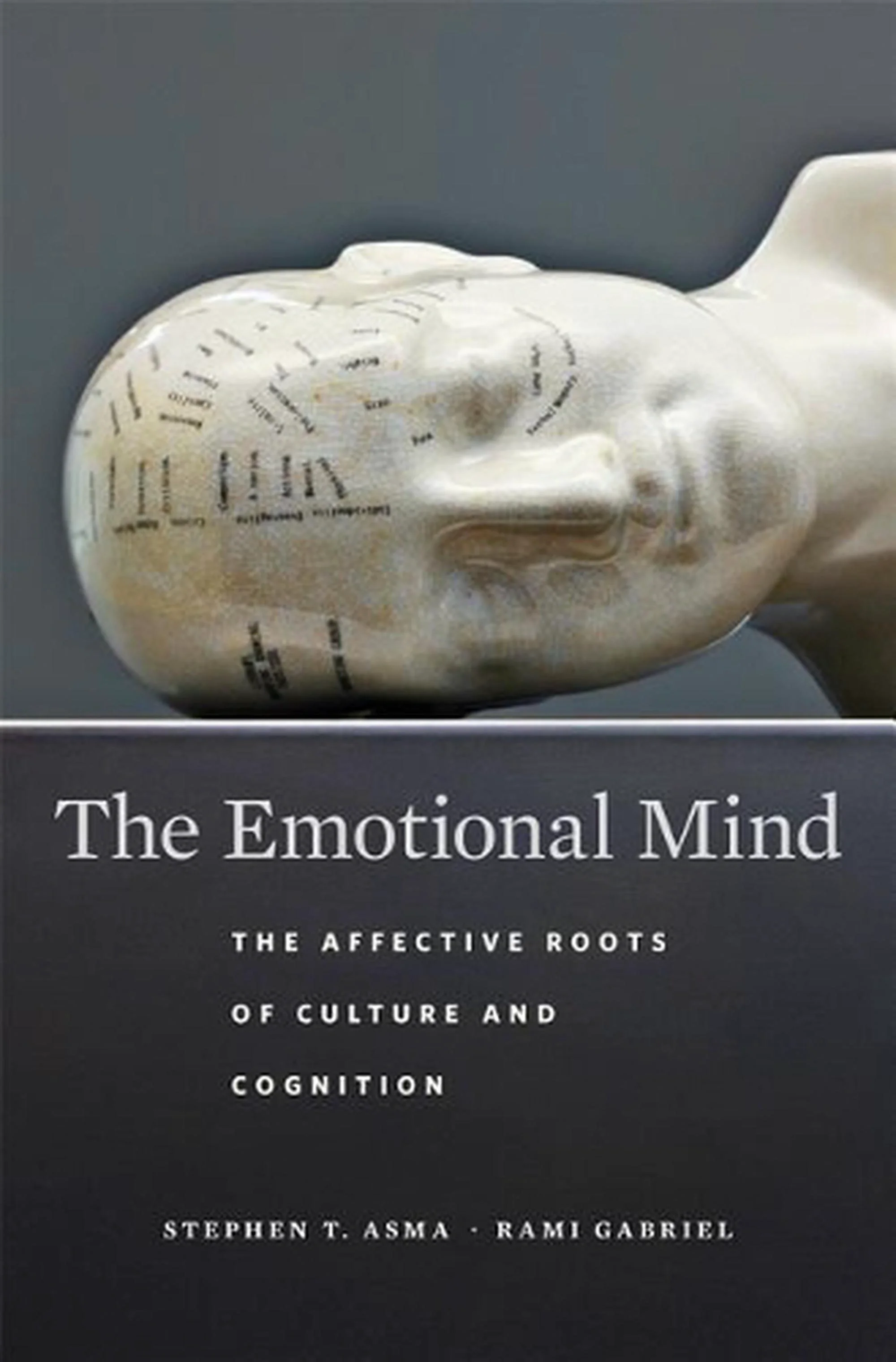 Book cover for 'The Emotional Mind: The Affective Roots of Culture and Cognition' by Stephen T. Asma and Rami Gabriel (Harvard, 2019), featuring a white sculpture of a human face with neural schematics.