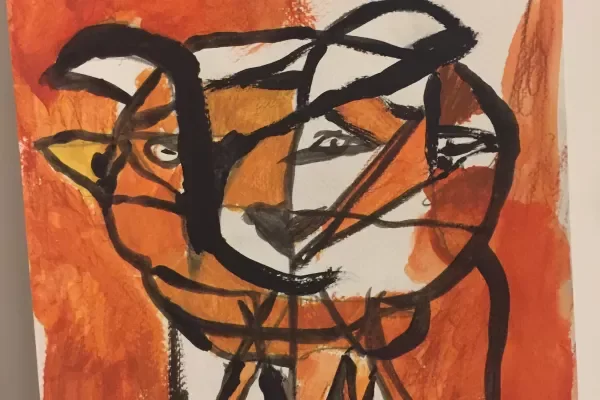 Abstract drawing with a mix of black lines, orange background, and animal features including eyes, nose, and mouth, with expressive and bold brushstrokes.