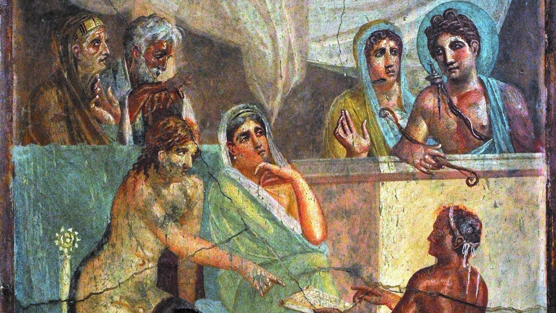 Admetus and Alcestis consult the oracle Apollo, a fresco in The House of the Tragic Poet, Pompeii fresco.