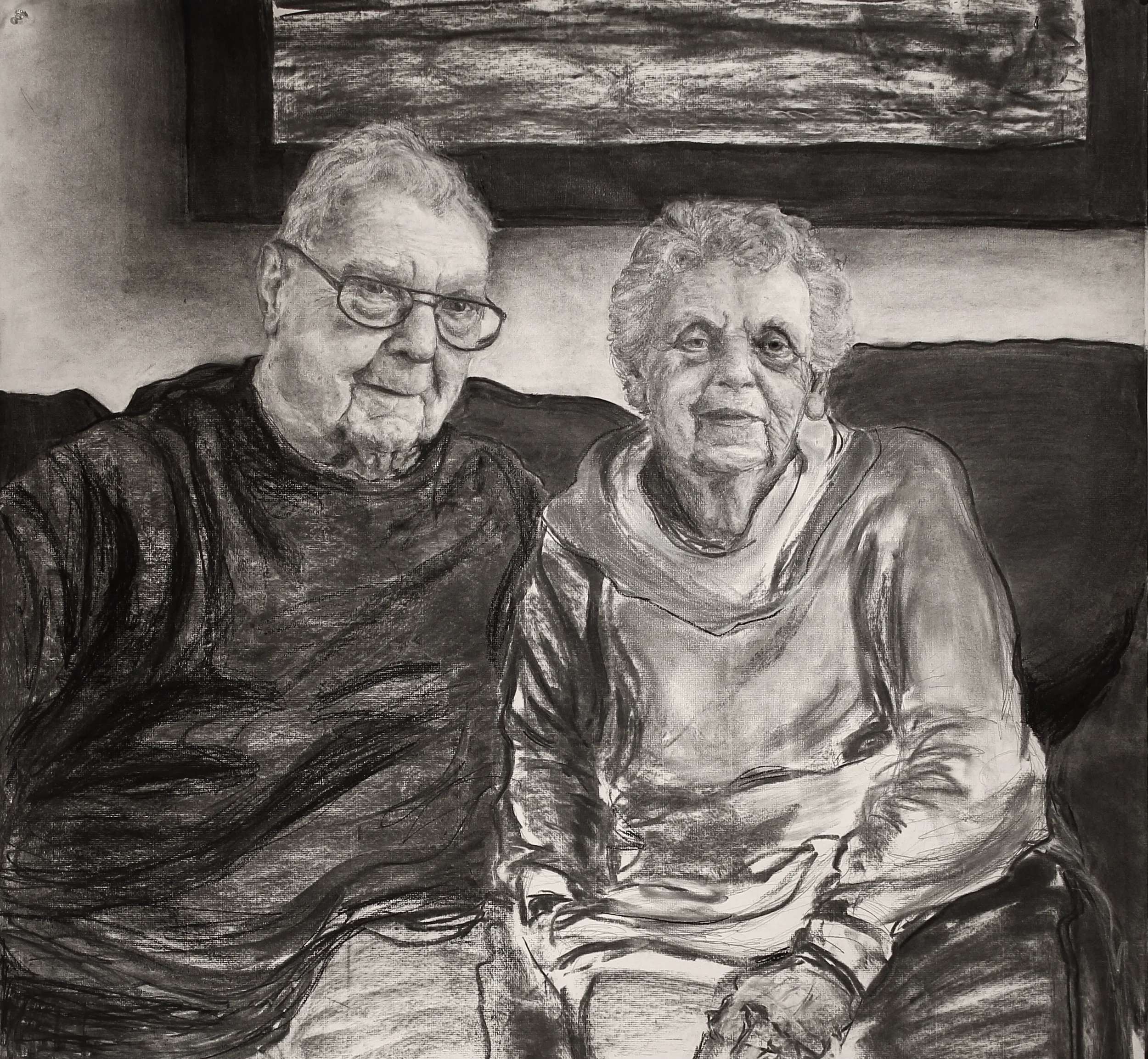  Portrait of Grandparents, 2025, charcoal on charcoal paper, 40 x 36 in.