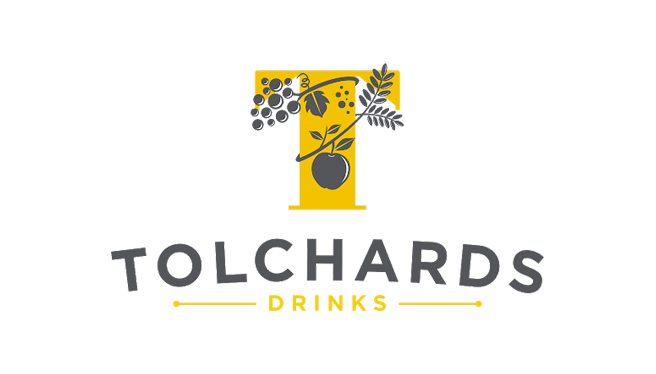 Logo for Tolchards Drinks featuring a yellow box with a black and gray illustration of a fruit and leaves and the company name in gray text.
