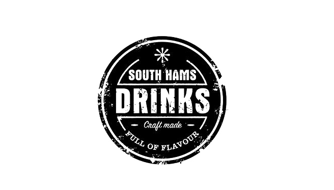 Black and white logo with circular design that says "South Hands Drinks" and "Full of Flavour" around the edges, with decorative elements.