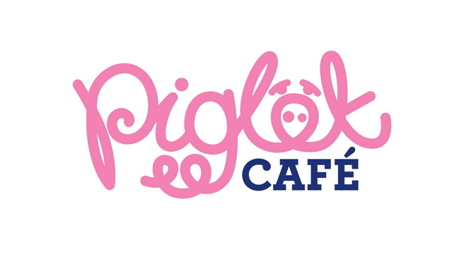 Logo for Piglet Café with pink cursive text and a bear face icon.