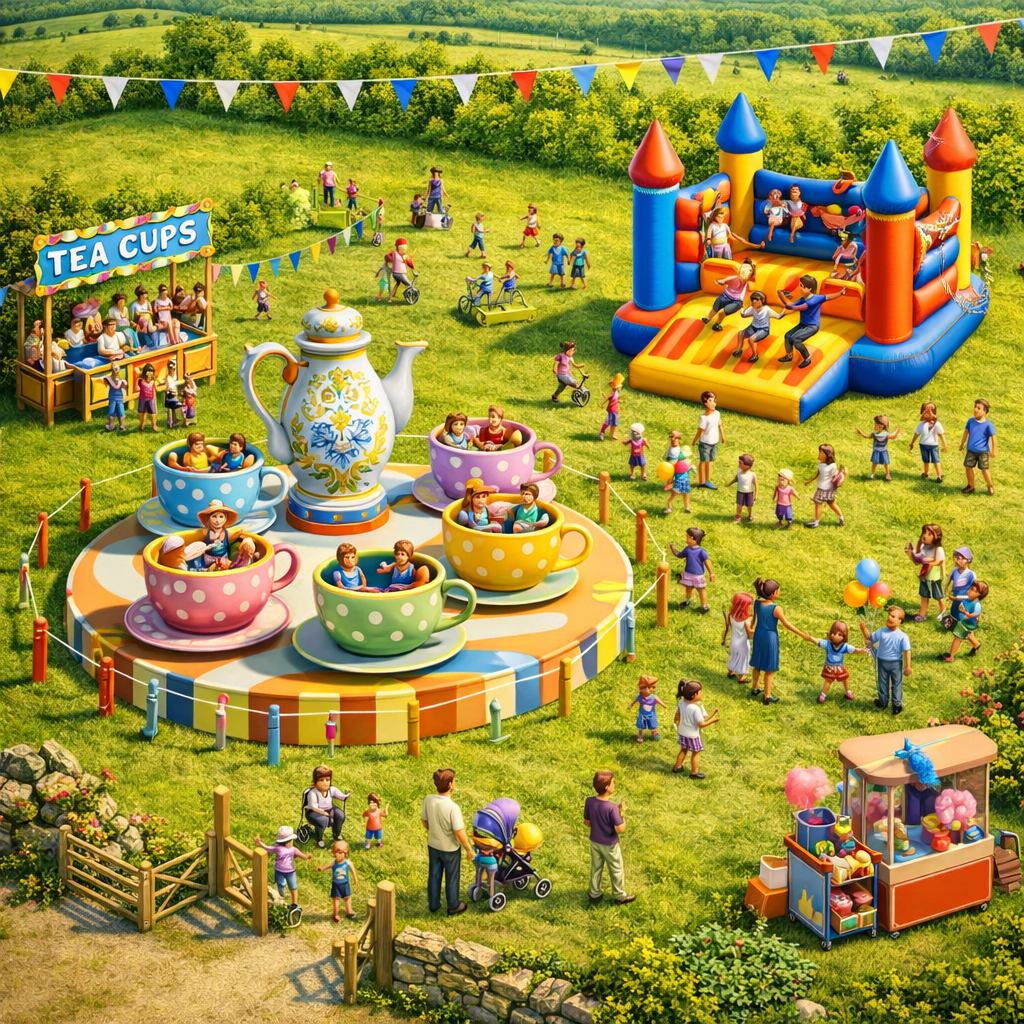 Children playing at a fun outdoor fair with a tea cup ride, a large colorful inflatable slide, a game booth, and a tea-themed photo setup with giant teacups and teapot. There are families, balloons, and a scenic green landscape in the background.