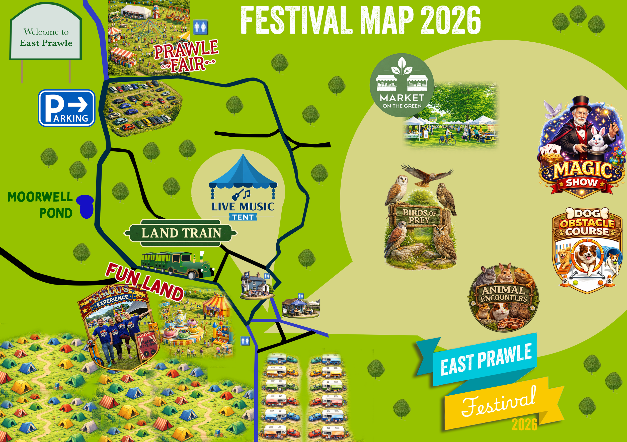 Map of the 2026 East Prawle Festival with sections labeled Fun Land, Land Train, and Prawle Fair. Features parking area, live music tent, market, bird of prey, animal encounters, dog obstacle course, and magic show. Tents and parking lots visible, surrounded by trees and grass.