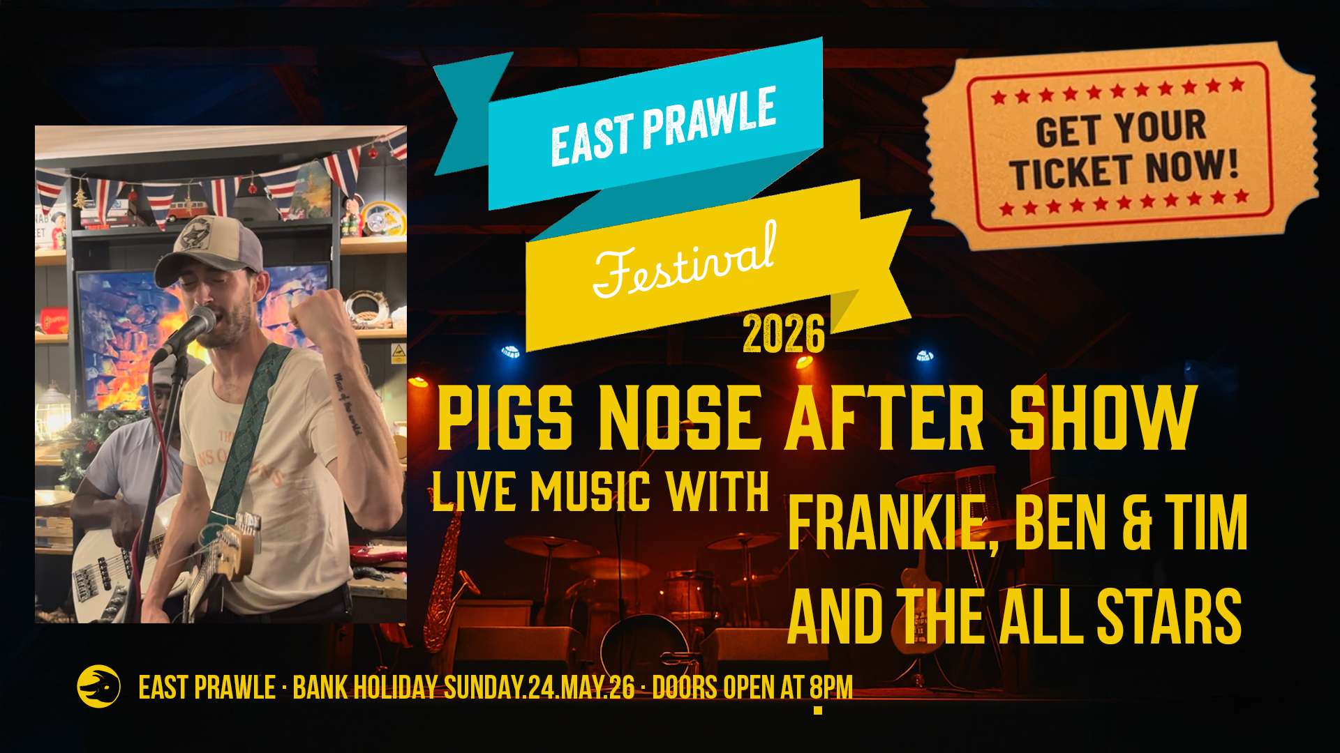 Event poster for East Prawle Festival 2026 featuring a live music performance with a singer playing guitar, background with stage lights, and promotional text about the event, including ticket information and holiday details.