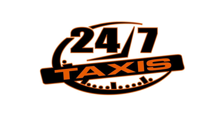 Logo with the text "24/7 Taxis" in black and orange, featuring a clock design encircling the number 24/7.