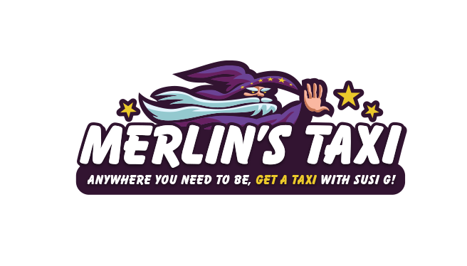 Logo for Merlin's Taxi featuring a wizard hat, a hand, stars, and a wizard flying on a broomstick, with text promoting taxi services with Susi C.