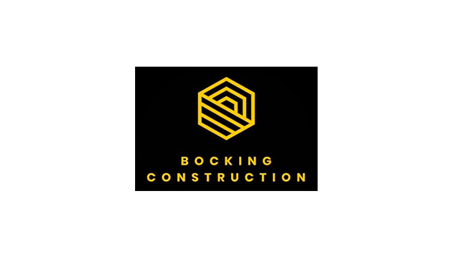 Logo of Bocking Construction with a stylized yellow geometric icon and company name in yellow text on a black background.