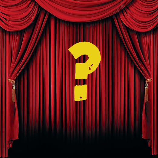 Red theater curtains with a large yellow question mark in the center.