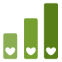 Three green vertical bars with black hearts at the bottom of each