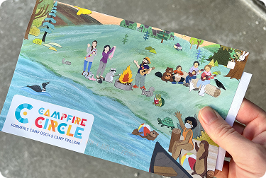 Colorful illustrated brochure for Campfire Circle depicting children and adults enjoying outdoor activities near a river, with trees, a campfire, and animals in the background.
