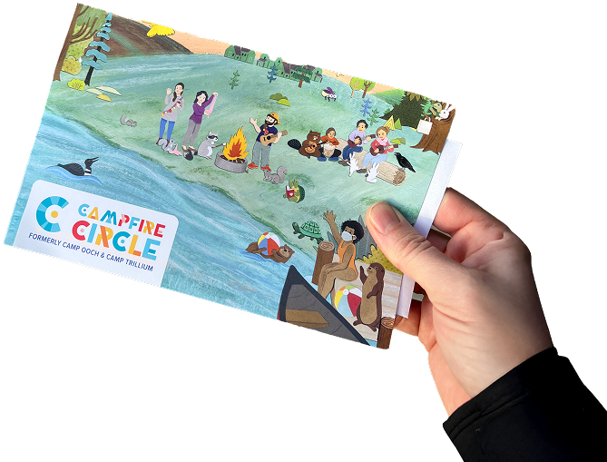 Illustrated booklet cover titled 'Campfire Circle' depicting camping scenes with people, animals, and nature by a lake.
