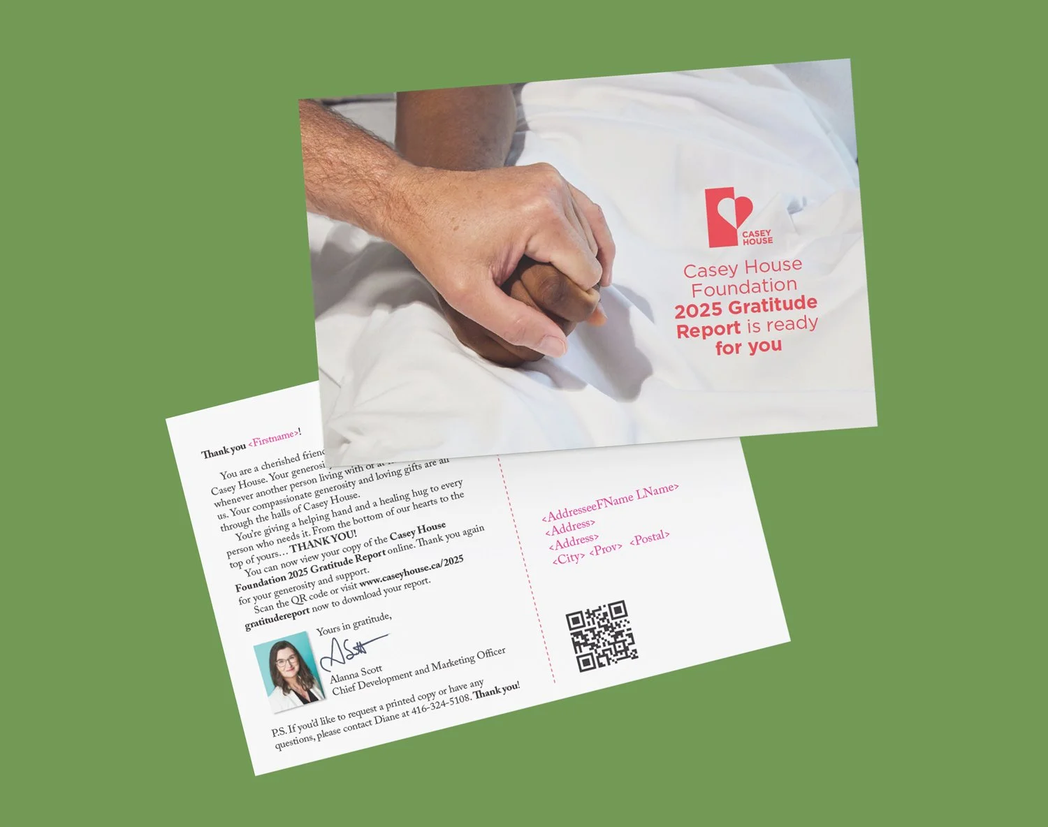 A brochure for the Casey House Foundation 2025 Gratitude Report featuring hands holding a white sheet with red text and logo; additional printed materials with pink and black text, a photo, signature, and QR code.