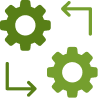 Two green gears with arrows indicating rotation or process flow.