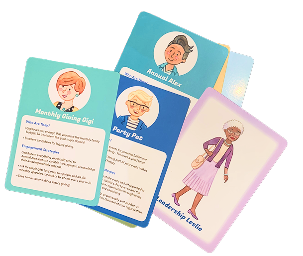 Four illustrated cards with portraits and descriptions of people, including a woman with glasses, a person with curly gray hair, a man with dark hair, and a woman with short gray hair, all with colorful backgrounds.