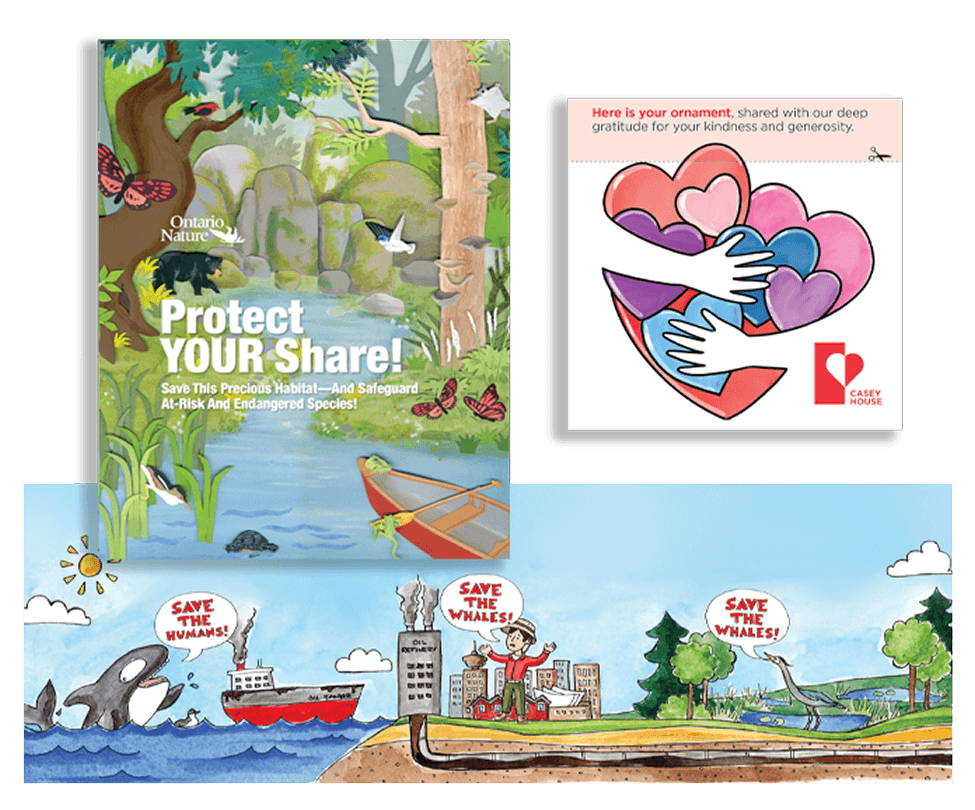 A collage of four images promoting conservation and protecting endangered species. The top left features a nature scene with trees, birds, butterflies, and a river, with text encouraging to protect shared habitats. The top right shows a colorful heart with hands hugging, promoting kindness and gratitude, with a red logo of Casey House. The bottom left depicts an orca whale and a ship with factory emissions, with a person holding a sign saying "Save the whales!" The bottom right shows a landscape with a dinosaur, trees, a river, and a person holding a sign saying "Save the whales!"