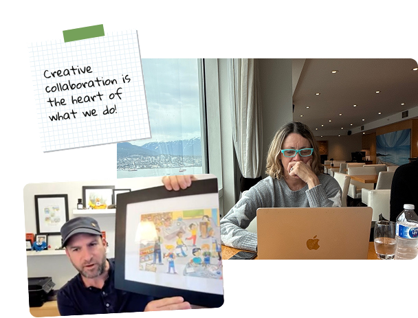 A woman sitting at a table with a laptop, glasses, and water in a modern cafe, with a large window showing a cityscape and mountains. A man is holding up a digital drawing or presentation. A note with a grid pattern says, 'Creative collaboration is the heart of what we do!'