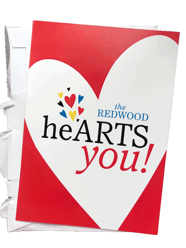 Valentine's Day card with a large heart and smaller colorful hearts, with the message 'the Redwood heARTS you!' in black, blue, and red text.