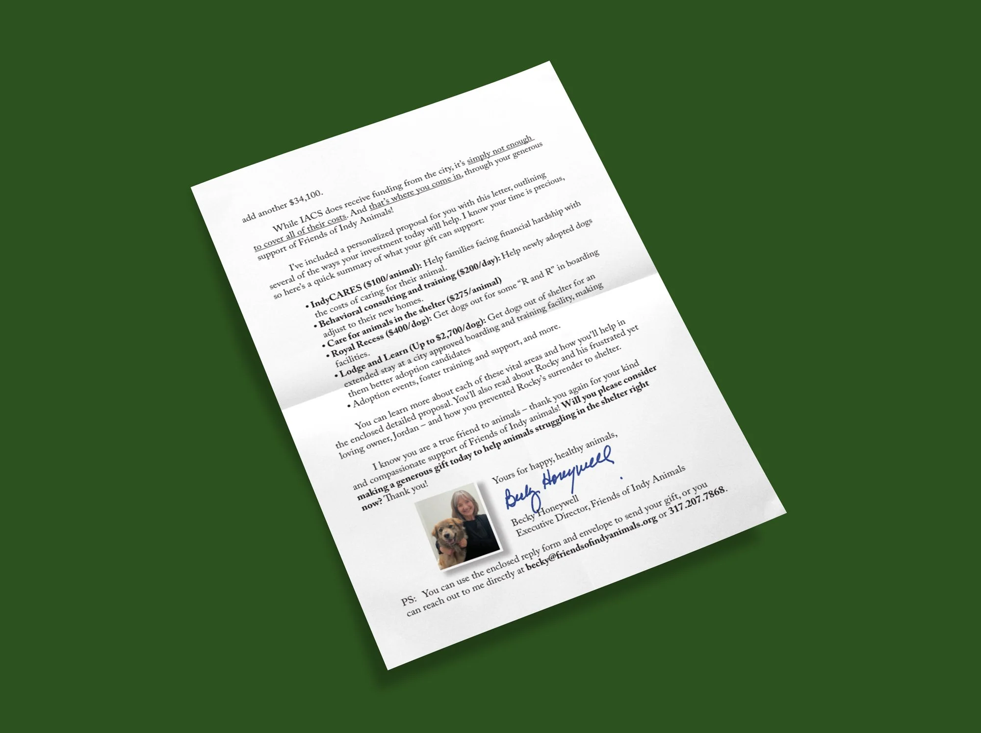 A letter on green background from Indy Animals organization about donation options with a small photo of a woman and a dog at the bottom.