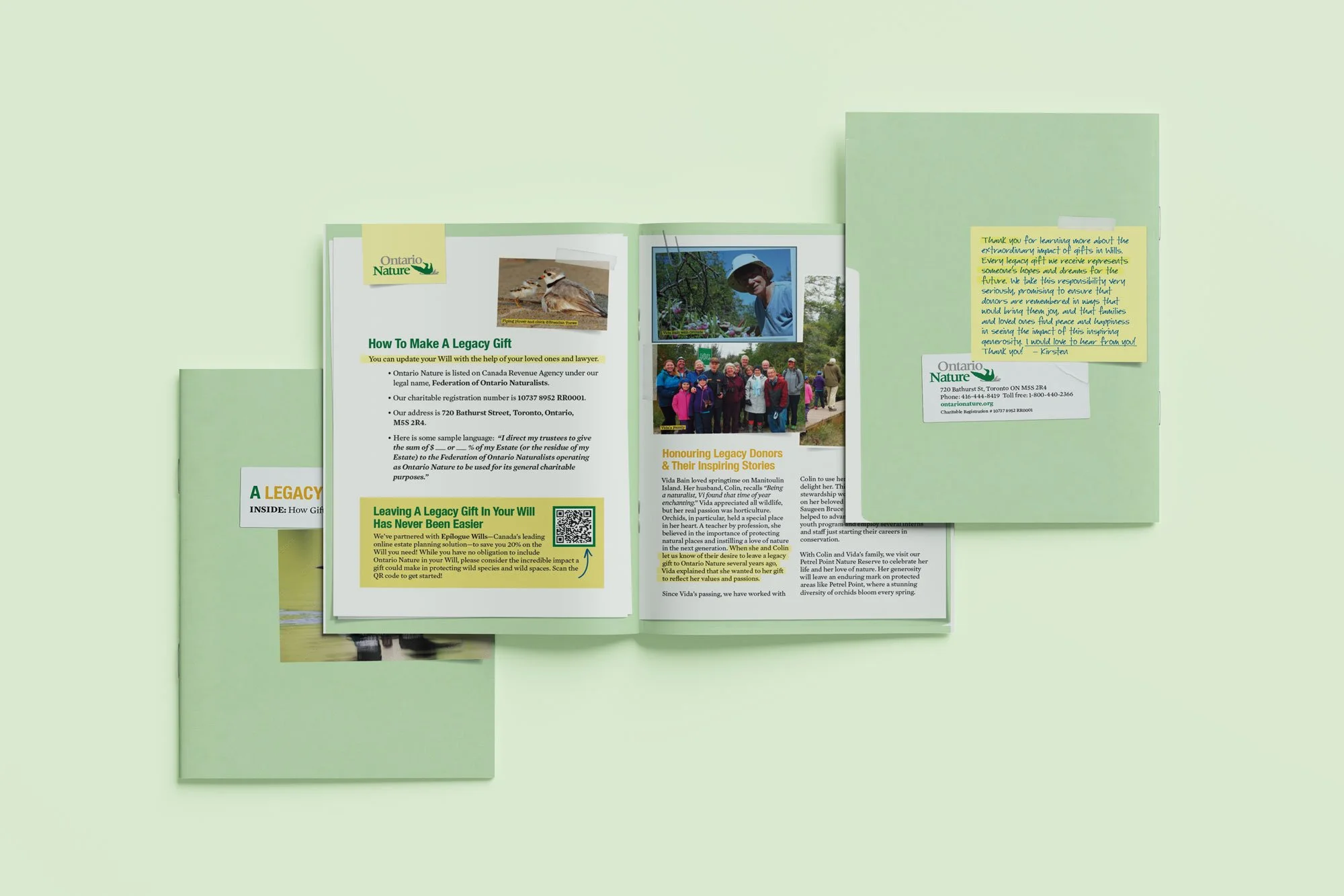 Open green brochure featuring information about Ontario Nature, including a bird, photographs of people, and text about leaving a legacy gift for nature conservation.